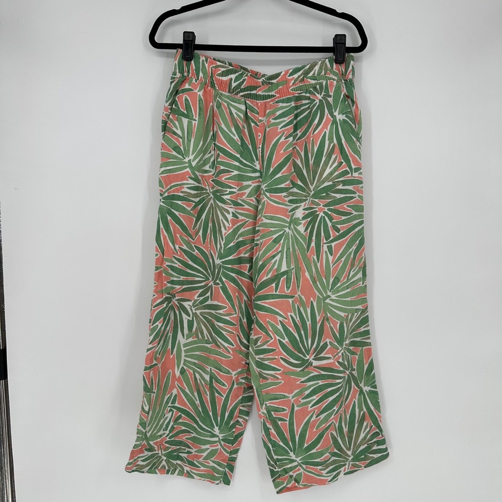 Sigrid Olsen 100% Linen Palm Trees Wide Leg Pants‎ Pockets Summer Tropical M